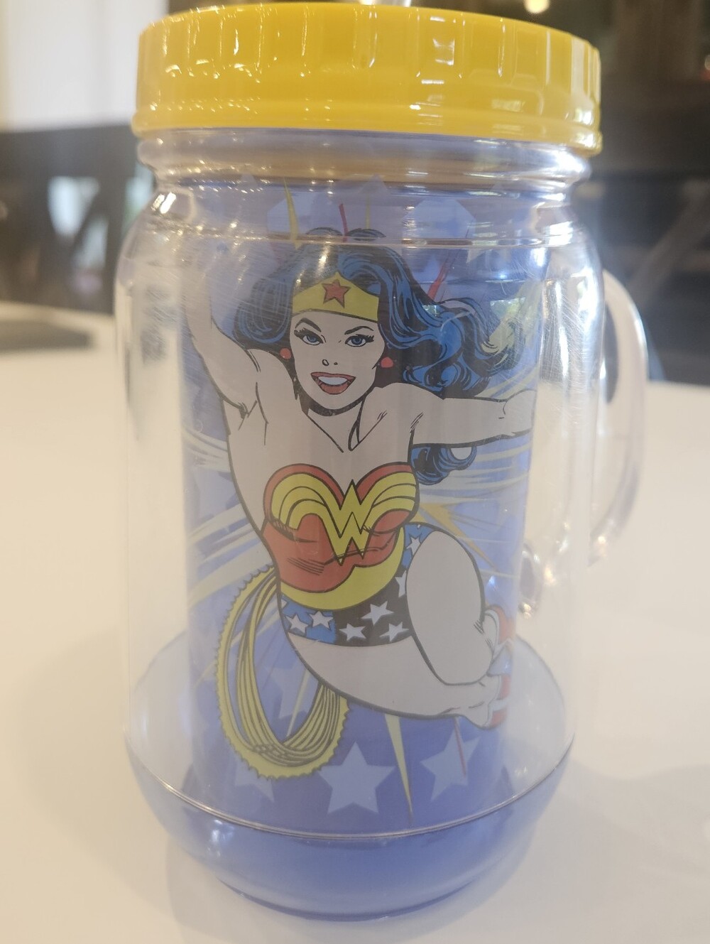 Wonder Woman Clear Plastic Mug with Yellow Screw Top Lid